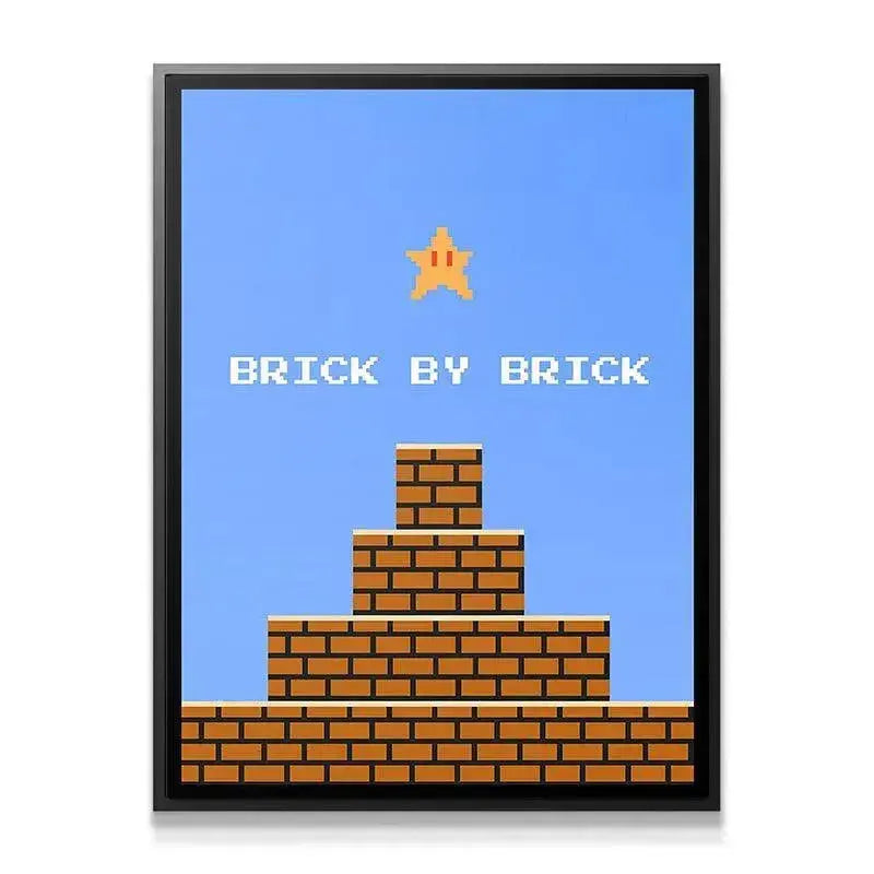 Close-up detail shot focusing on the crisp pixel integrity of the floating golden star in the '8bit Brick By Brick' print.