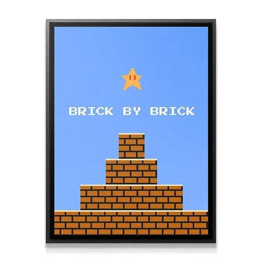 Close-up detail shot focusing on the crisp pixel integrity of the floating golden star in the '8bit Brick By Brick' print.
