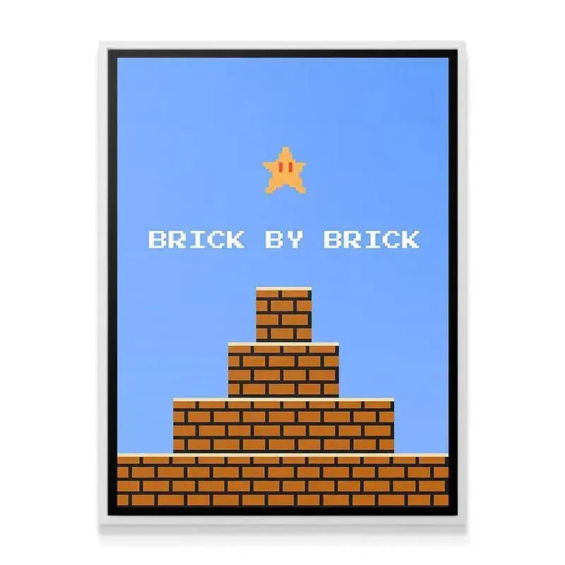 Lifestyle presentation showing the '8bit Brick By Brick' art hanging above a dedicated vintage gaming console setup.