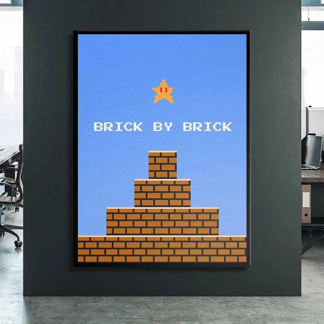 Wide angle perspective showcasing the vibrant blue sky and minimal upper section of the '8bit Brick By Brick' design.