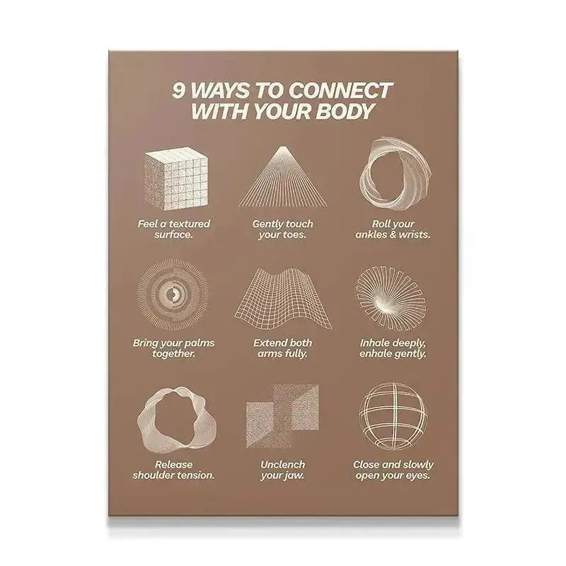 Full overhead view of the matte brown poster illustrating the 9 Ways To Connect With Your Body exercises and accompanying graphics.
