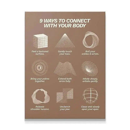 Full overhead view of the matte brown poster illustrating the 9 Ways To Connect With Your Body exercises and accompanying graphics.