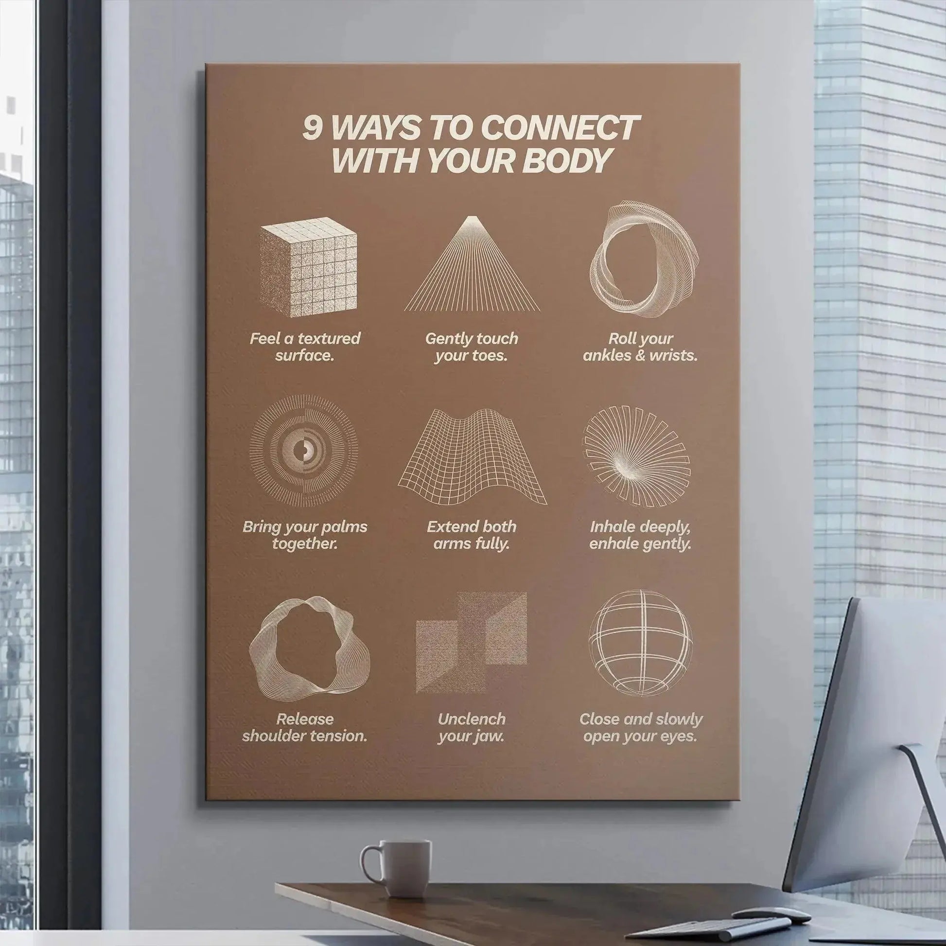 Flat lay image featuring the warm brown-toned infographic presenting the 9 Ways To Connect With Your Body methods.