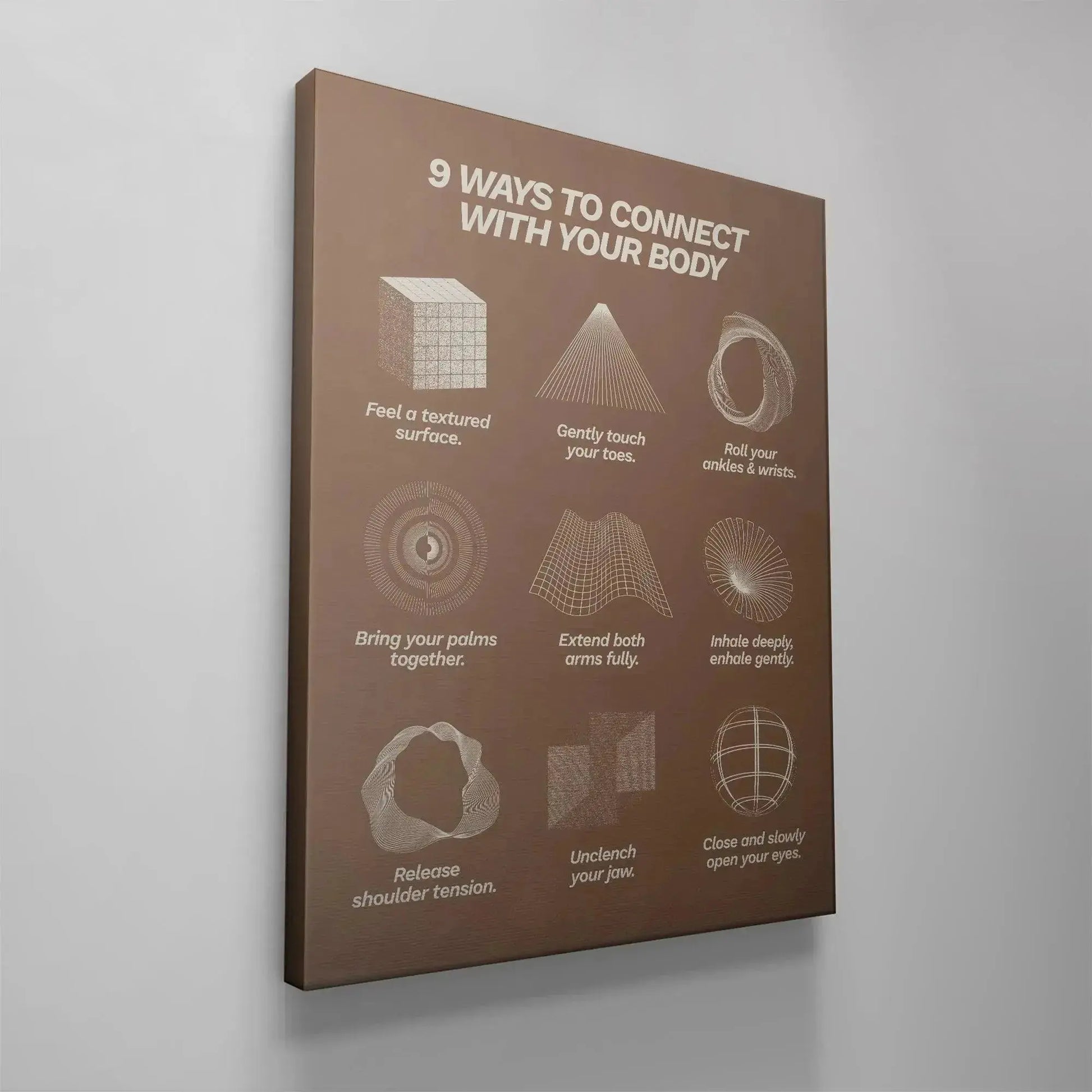 Macro view focused on the 'Unclench your jaw' and 'Release shoulder tension' graphic elements on the 9 Ways To Connect With Your Body chart.