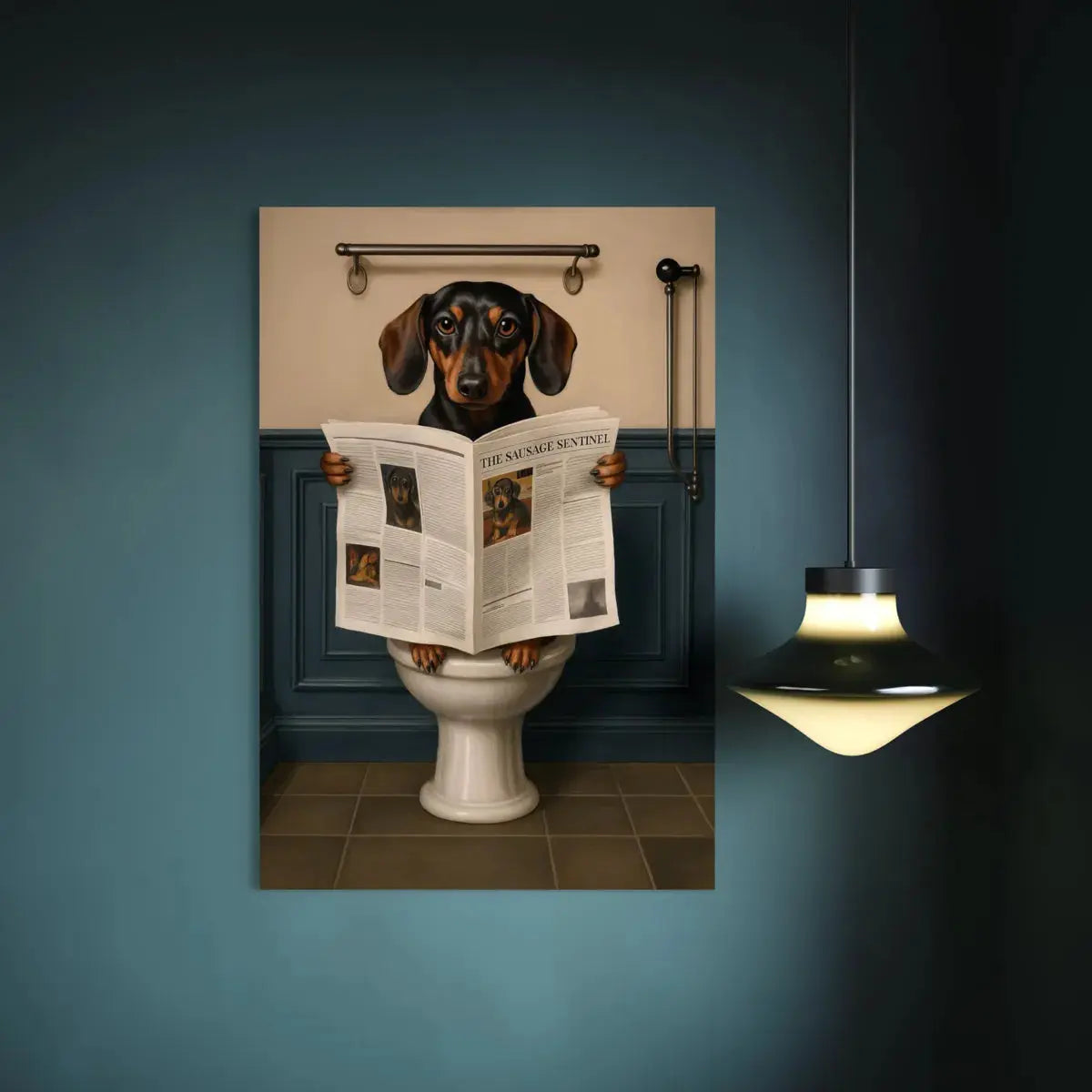 Dachshund Reading Newspaper – Funny Dog Bathroom Wall Art