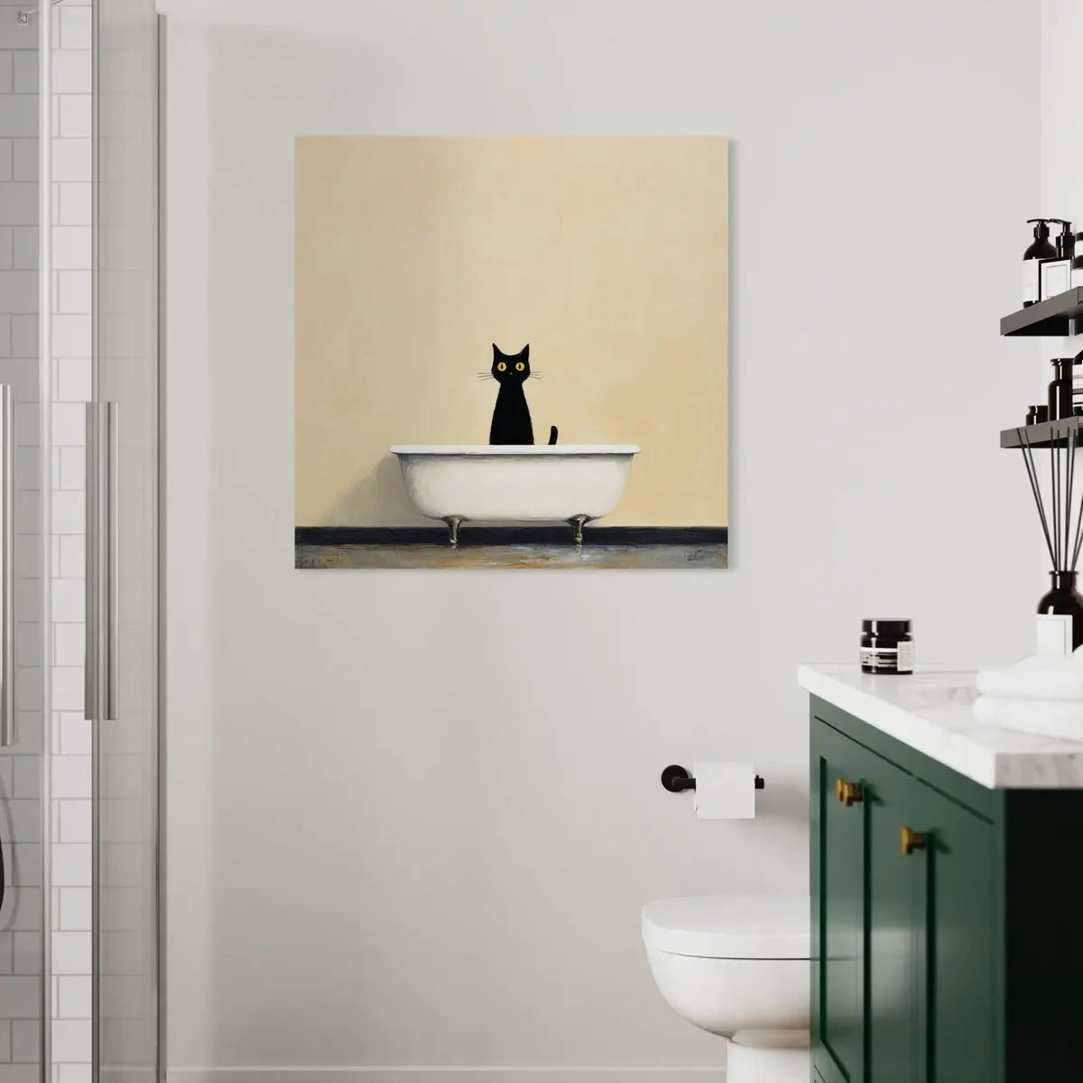 Square canvas print of a minimalist illustration: black cat sitting in a white clawfoot bathtub on a textured beige background.
