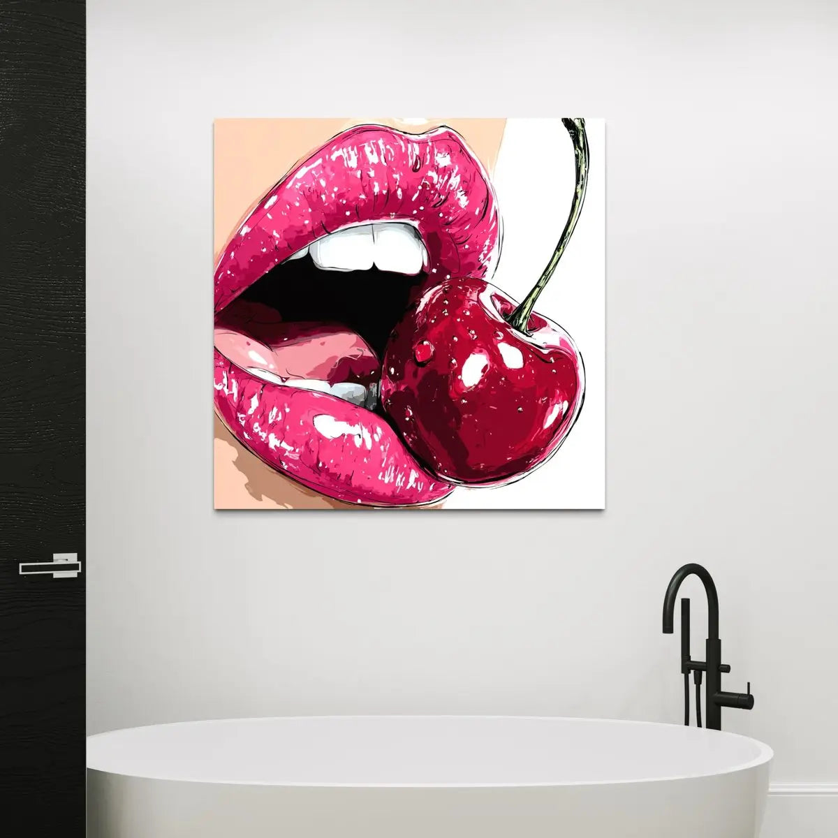 Canvas print of pink lips and a cherry on a wall above a bathtub.