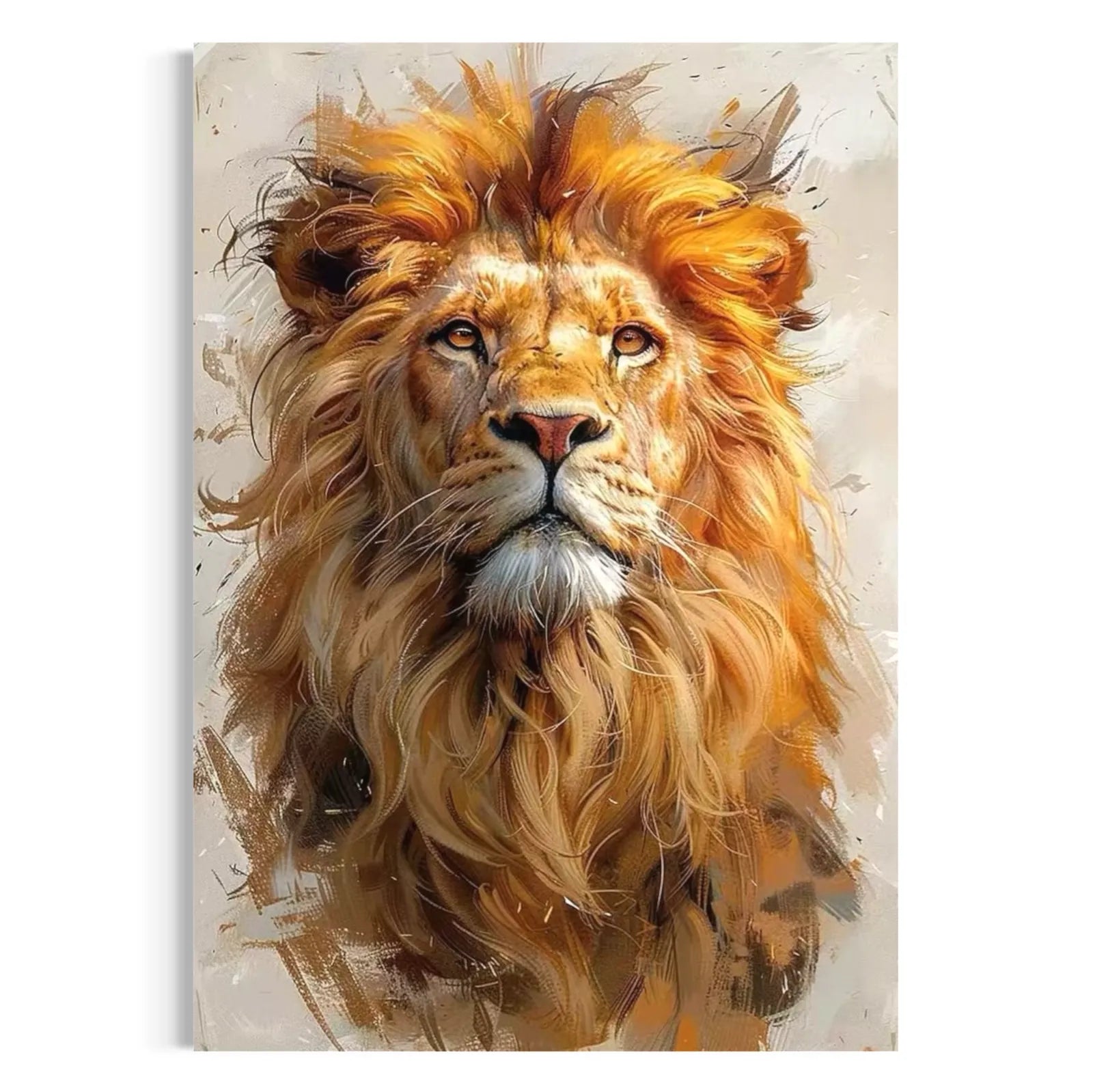 Close-up portrait of a majestic male lion digital painting on canvas with vibrant orange and golden brush strokes