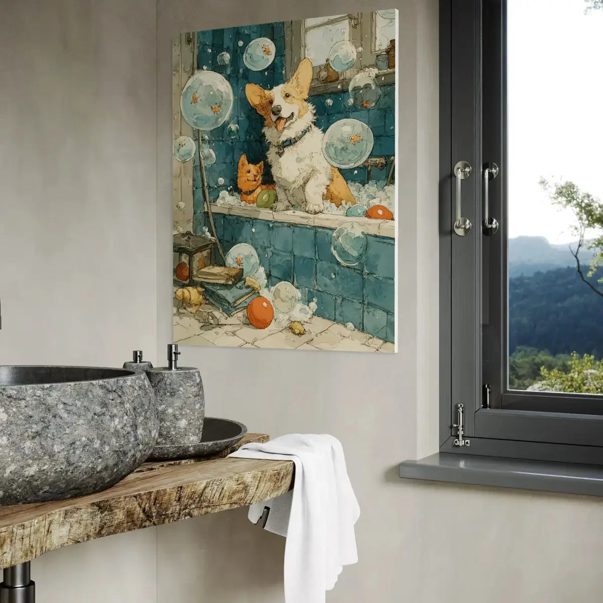 Corgi Bathroom Wall Art – funny bathroom wall art Dog Bubble Bath Canvas