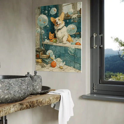 Corgi Bathroom Wall Art – funny bathroom wall art Dog Bubble Bath Canvas