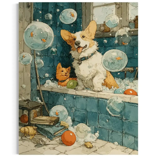 Corgi Bathroom Wall Art – funny bathroom wall art Dog Bubble Bath Canvas