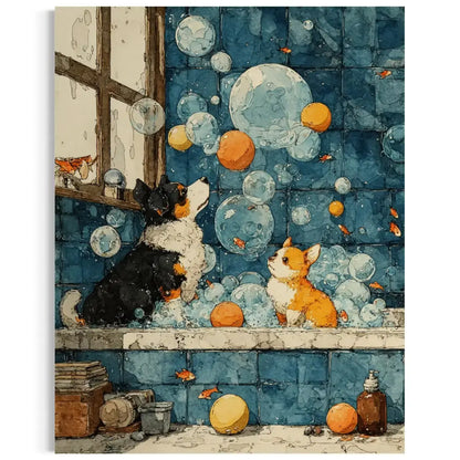 Corgi Bathroom Wall Art – Funny Dog Bubble Bath Canvas