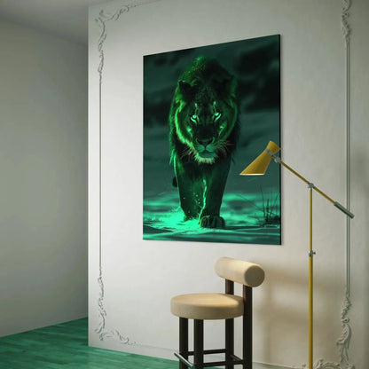 Digital Art of a Lion – Glowing Green Power Canvas Décor