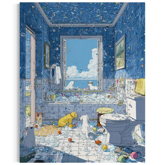 Funny Bathroom Wall Art – Dogs in Bubble Bath Canvas