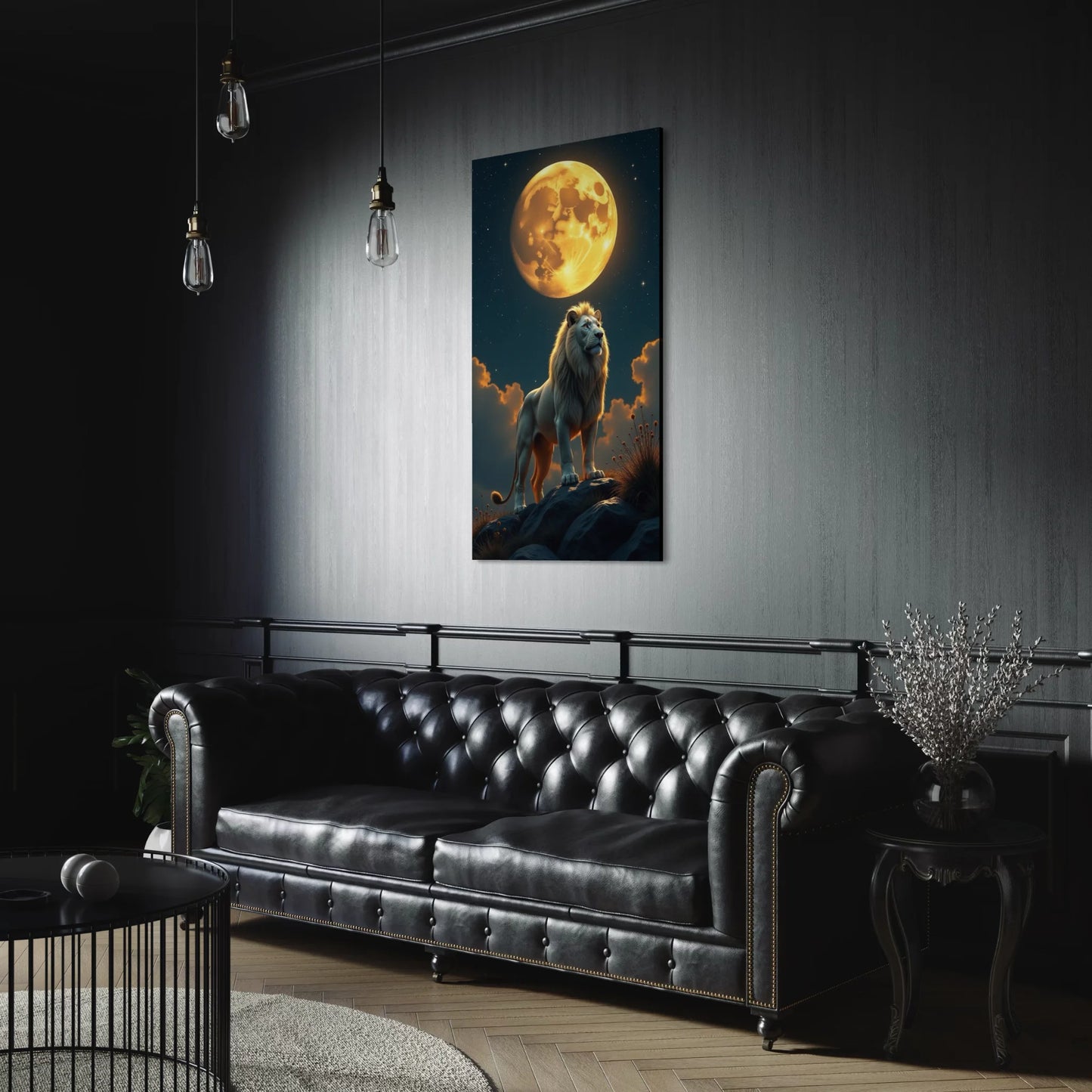 Elegant living room with black sofa and lion moon canvas wall decor