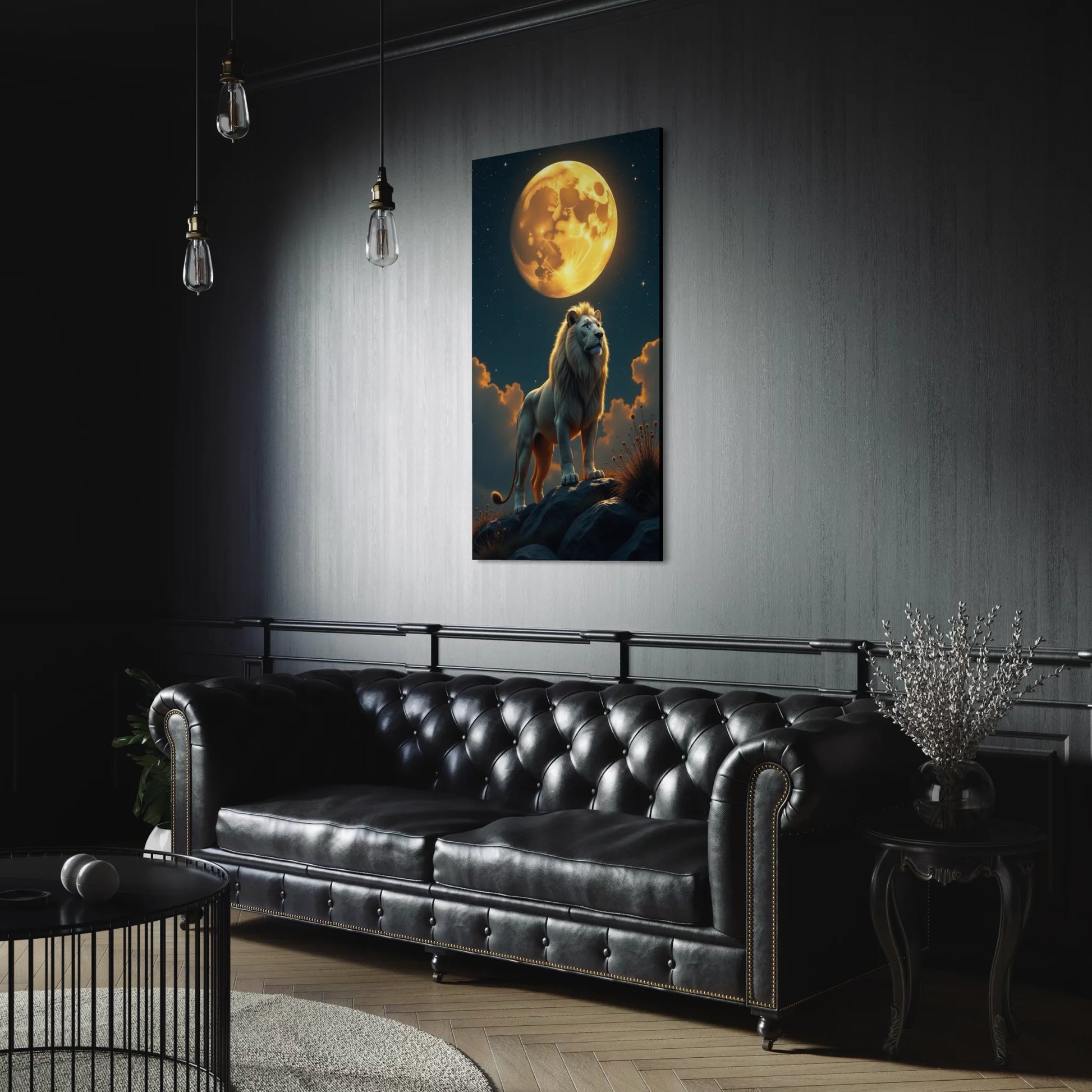 Elegant living room with black sofa and lion moon canvas wall decor