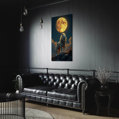 Elegant living room with black sofa and lion moon canvas wall decor