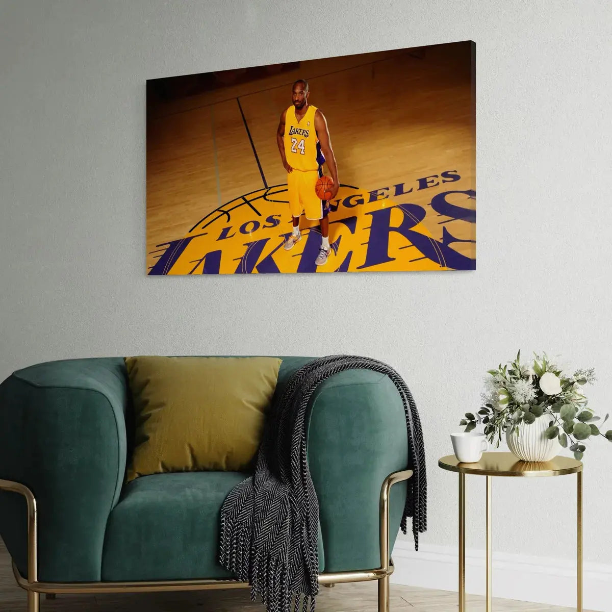 Angled interior mockup with the center-court portrait of a basketball player in a yellow Los Angeles jersey #24 displayed above a lounge chair.