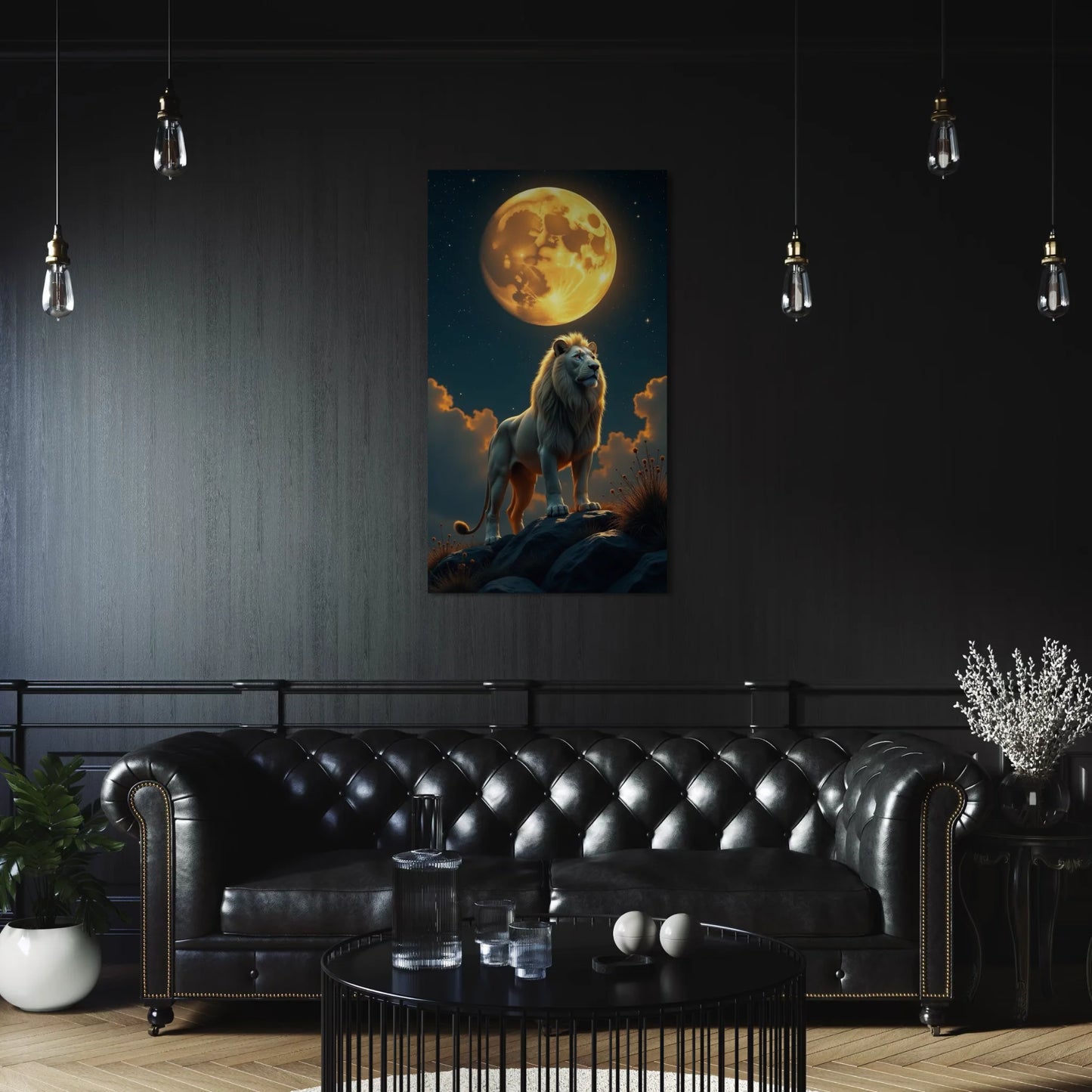 Majestic lion standing on rocks under a glowing full moon wall art in dark room decor