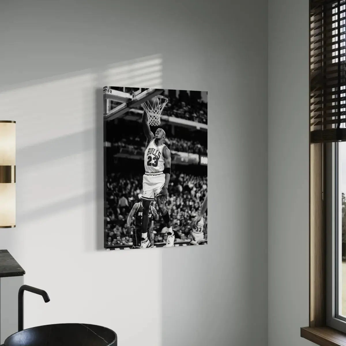 Black-and-white canvas print of a dynamic Michael Jordan action shot, showing him dribbling past defenders in his Chicago Bulls uniform.