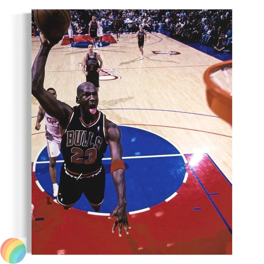 Michael Jordan art canvas showing his iconic dunk in Bulls jersey