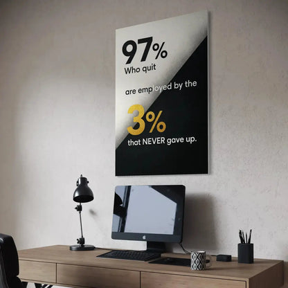 Angled room mockup of a vertical black-and-white canvas with gold 3% text stating “97% who quit are employed by the 3% that NEVER gave up,” displayed above a workspace.