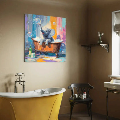 Bathroom setting with canvas art of a joyful baby elephant splashing bubbles in a bathtub, adding a fun pop of color and charm.