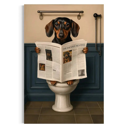 Dachshund Reading Newspaper – Funny Dog Bathroom Wall Art