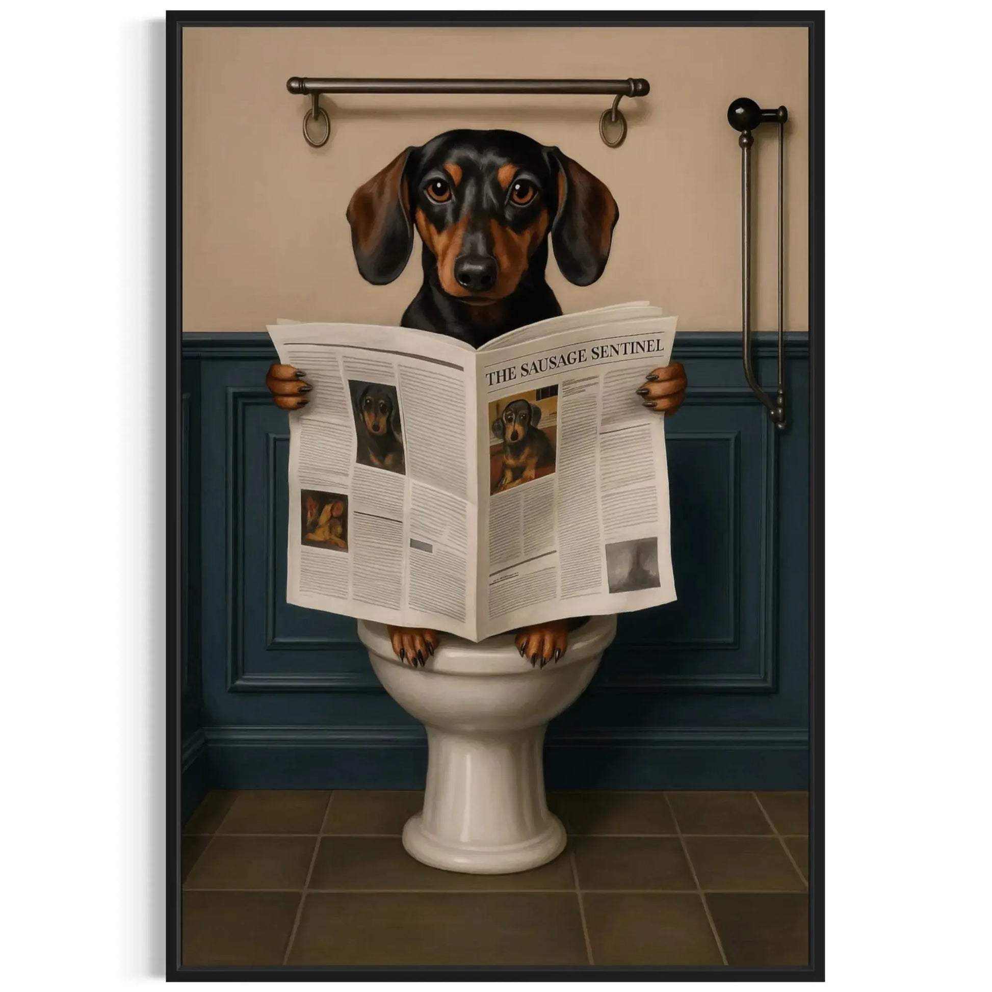 Dachshund Reading Newspaper – Funny Dog Bathroom Wall Art