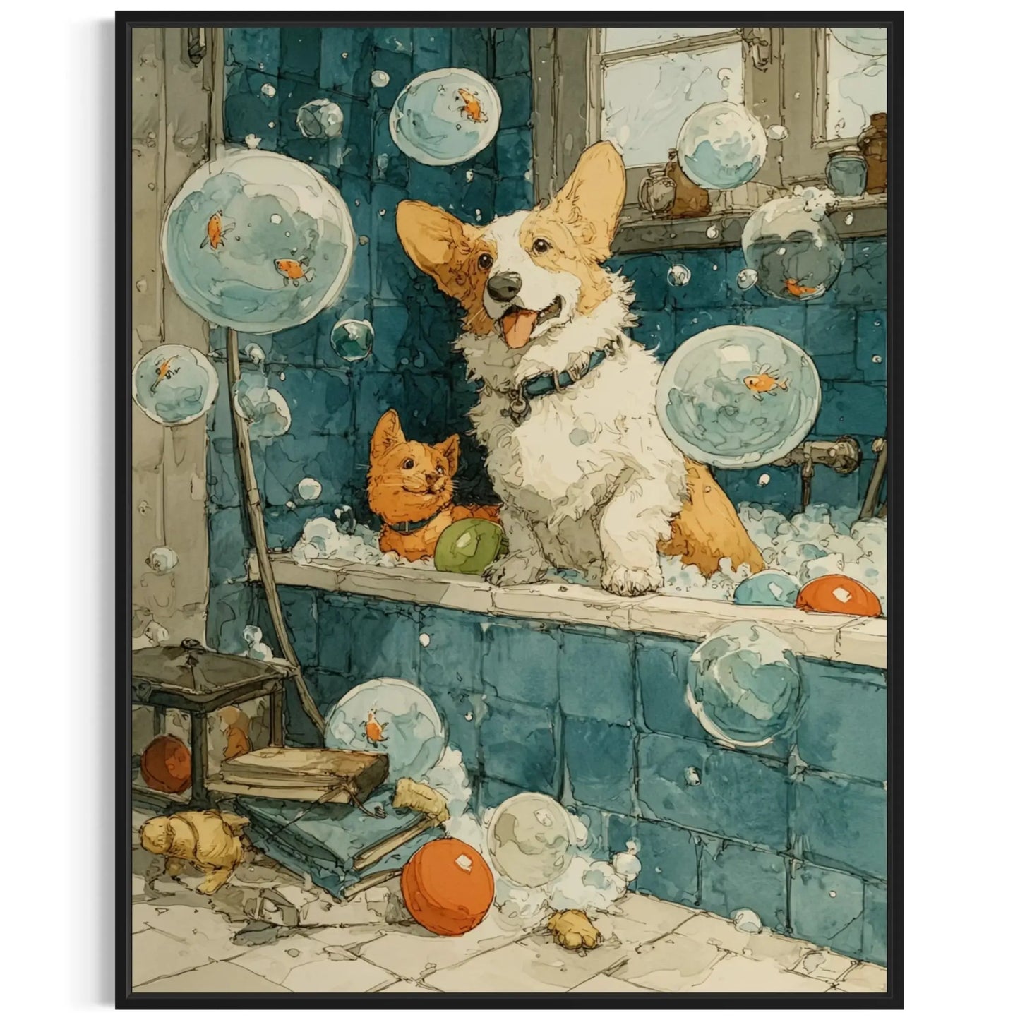 Corgi Bathroom Wall Art – funny bathroom wall art Dog Bubble Bath Canvas Masterpeacewall