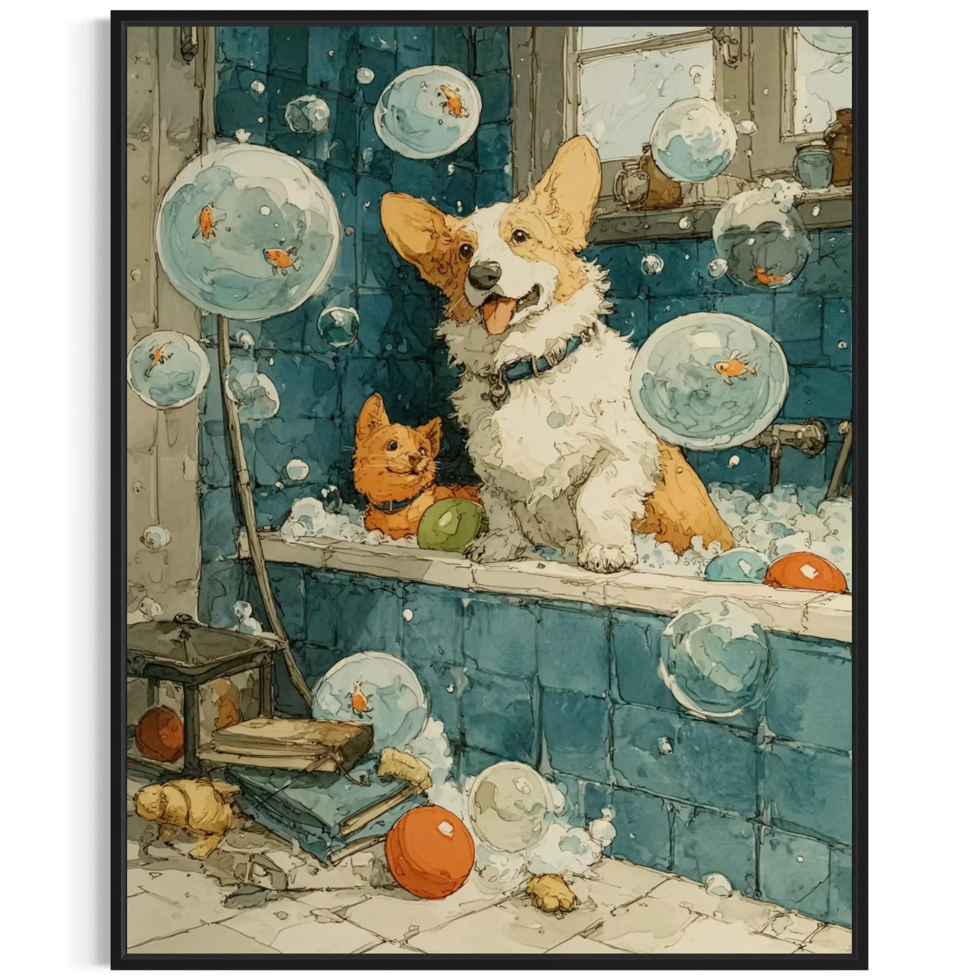 Corgi Bathroom Wall Art – funny bathroom wall art Dog Bubble Bath Canvas Masterpeacewall