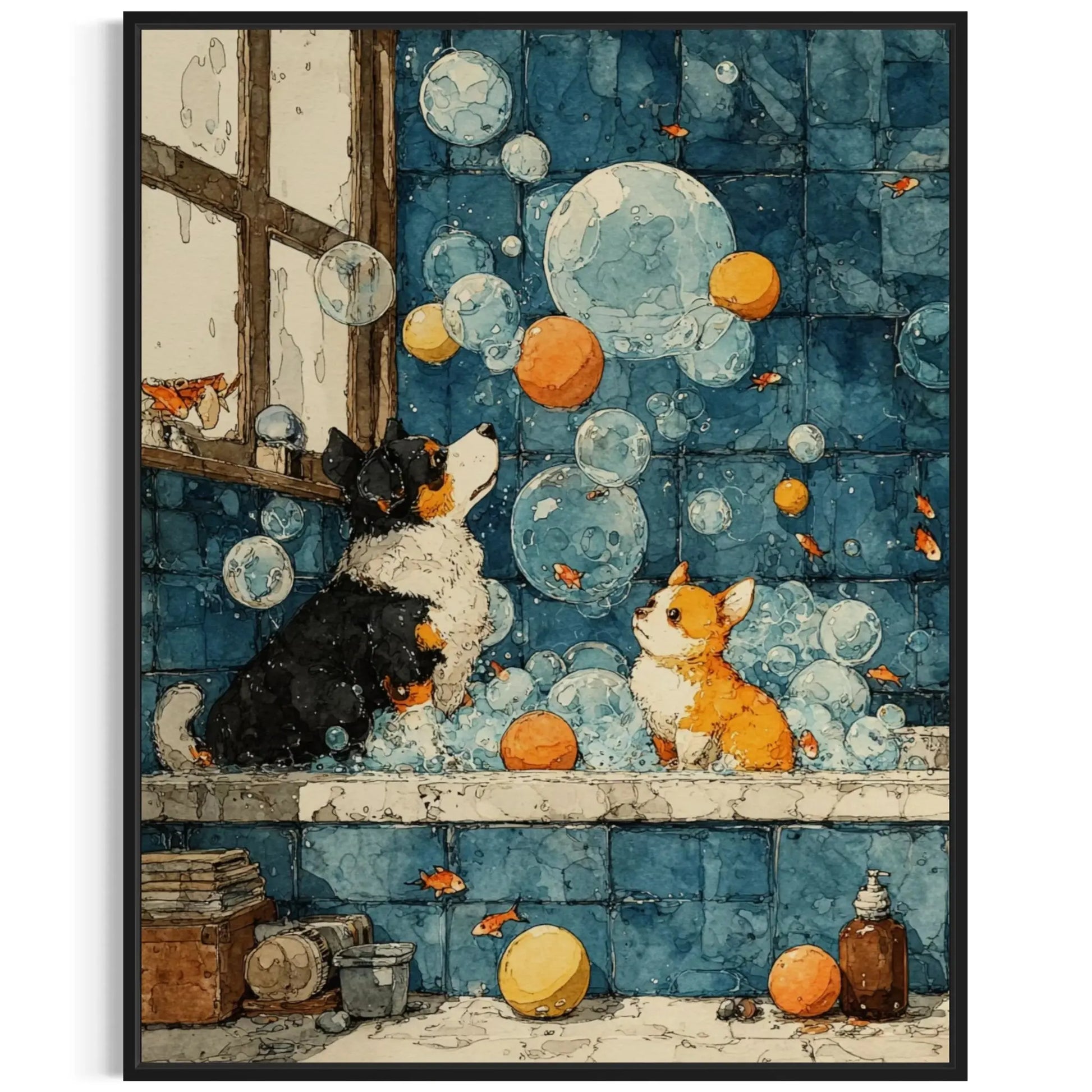 Corgi Bathroom Wall Art – Funny Dog Bubble Bath Canvas Masterpeacewall