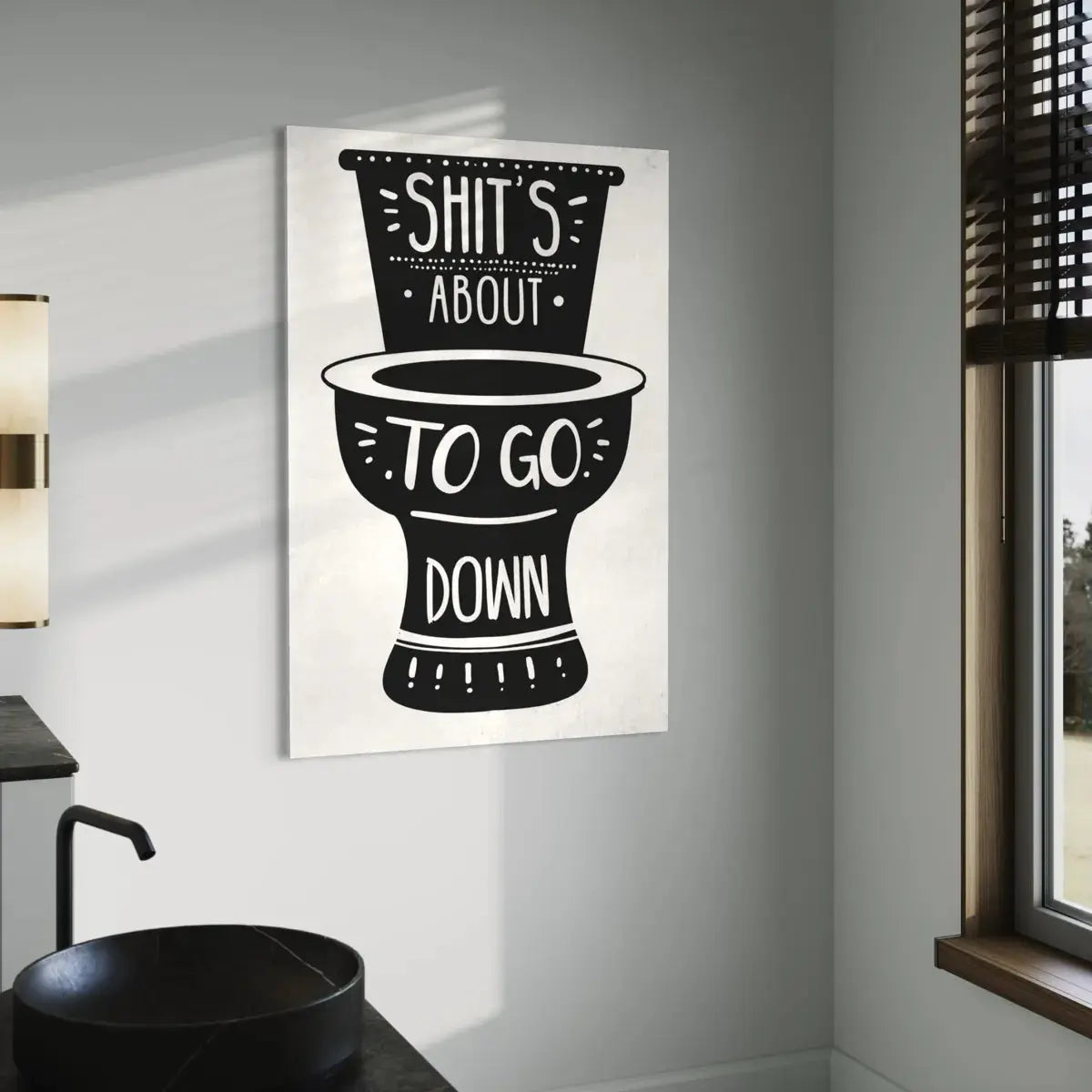 Minimalist black and white canvas print showing toilet illustration with a cheeky bathroom quote.