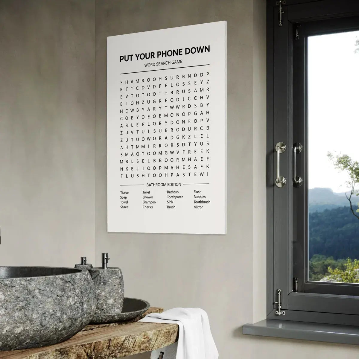 Put Your Phone Down – Funny Bathroom Word Search Canvas