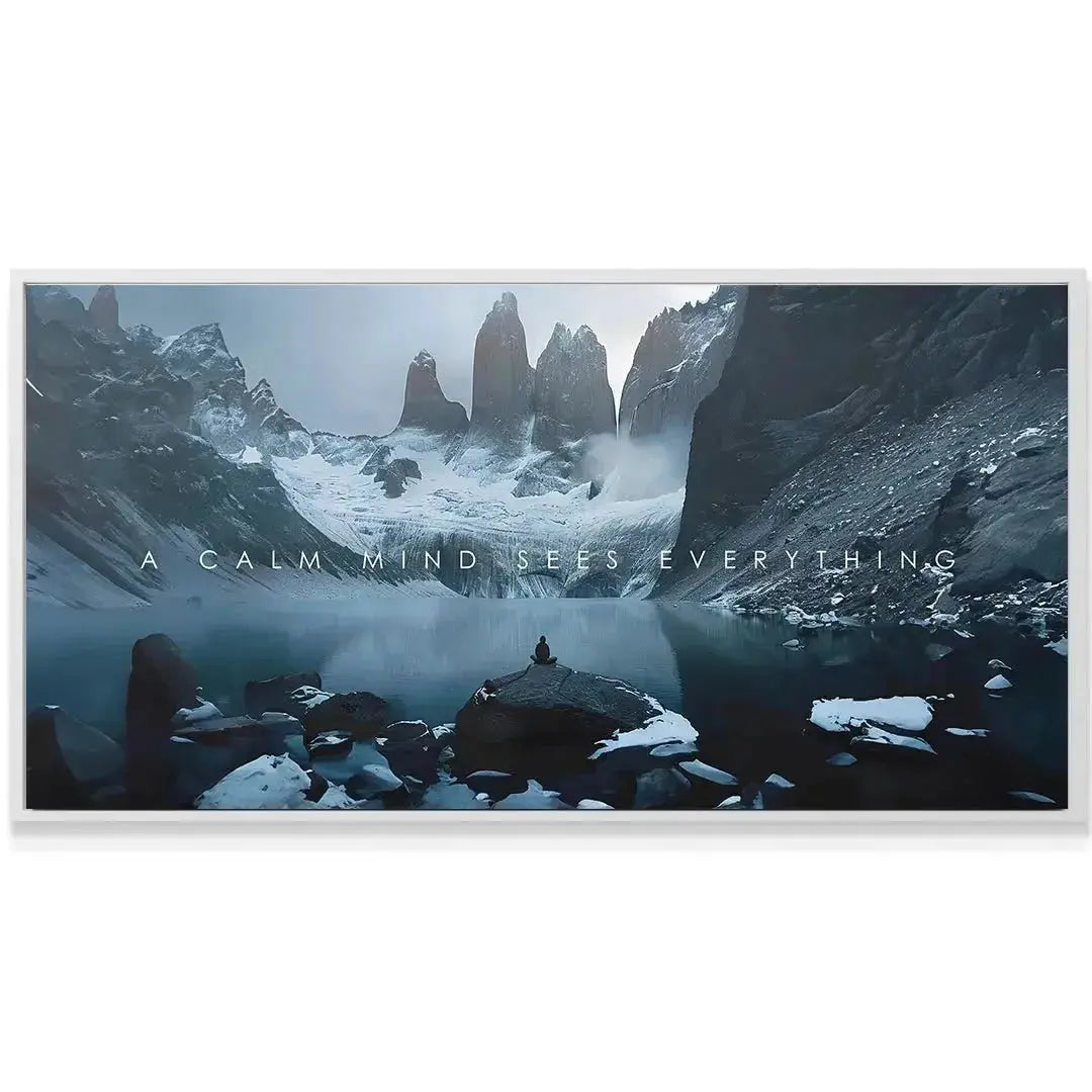 Horizontal orientation of the moody mountain landscape art titled A Calm Mind.