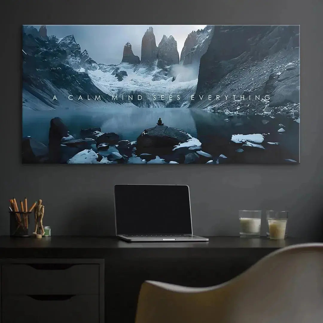 Texture shot of the canvas material showing the contrast between the dark water and snow, capturing A Calm Mind.