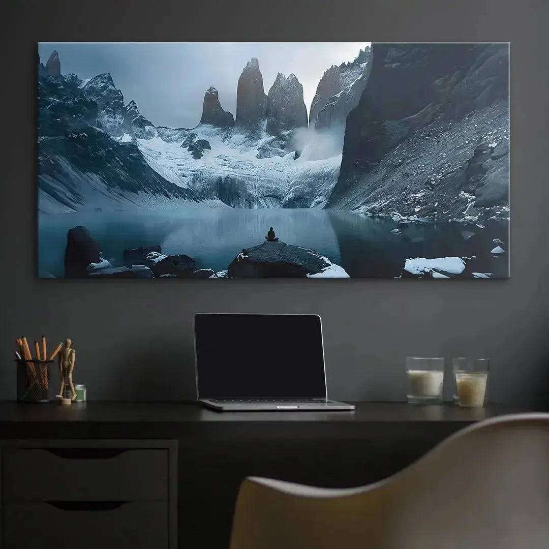 Detailed view of the dramatic, jagged snow-covered peaks towering over the lake in 'A Calm Mind (No Quote)'.