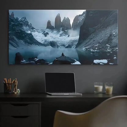 Detailed view of the dramatic, jagged snow-covered peaks towering over the lake in 'A Calm Mind (No Quote)'.