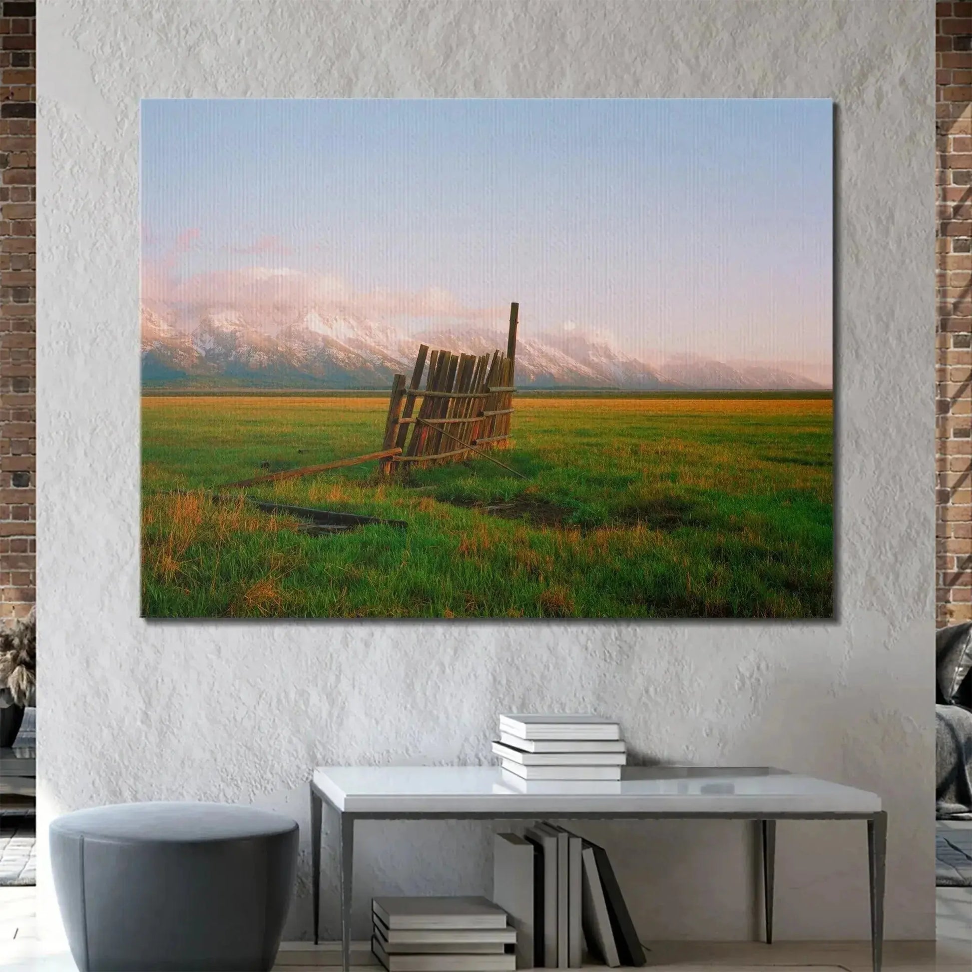 Art print display of A Fence in Jackson under soft morning light, highlighting pastel sky colors.