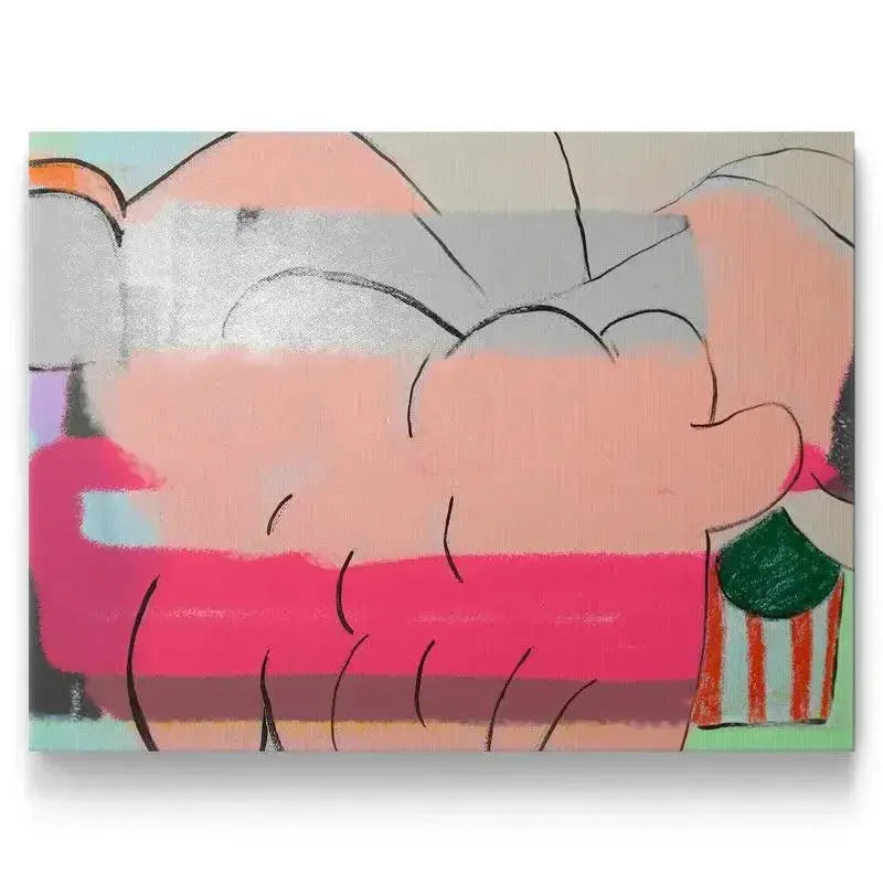 Full view of the vibrant pink and gray abstract painting titled 'A Fine Romance'.