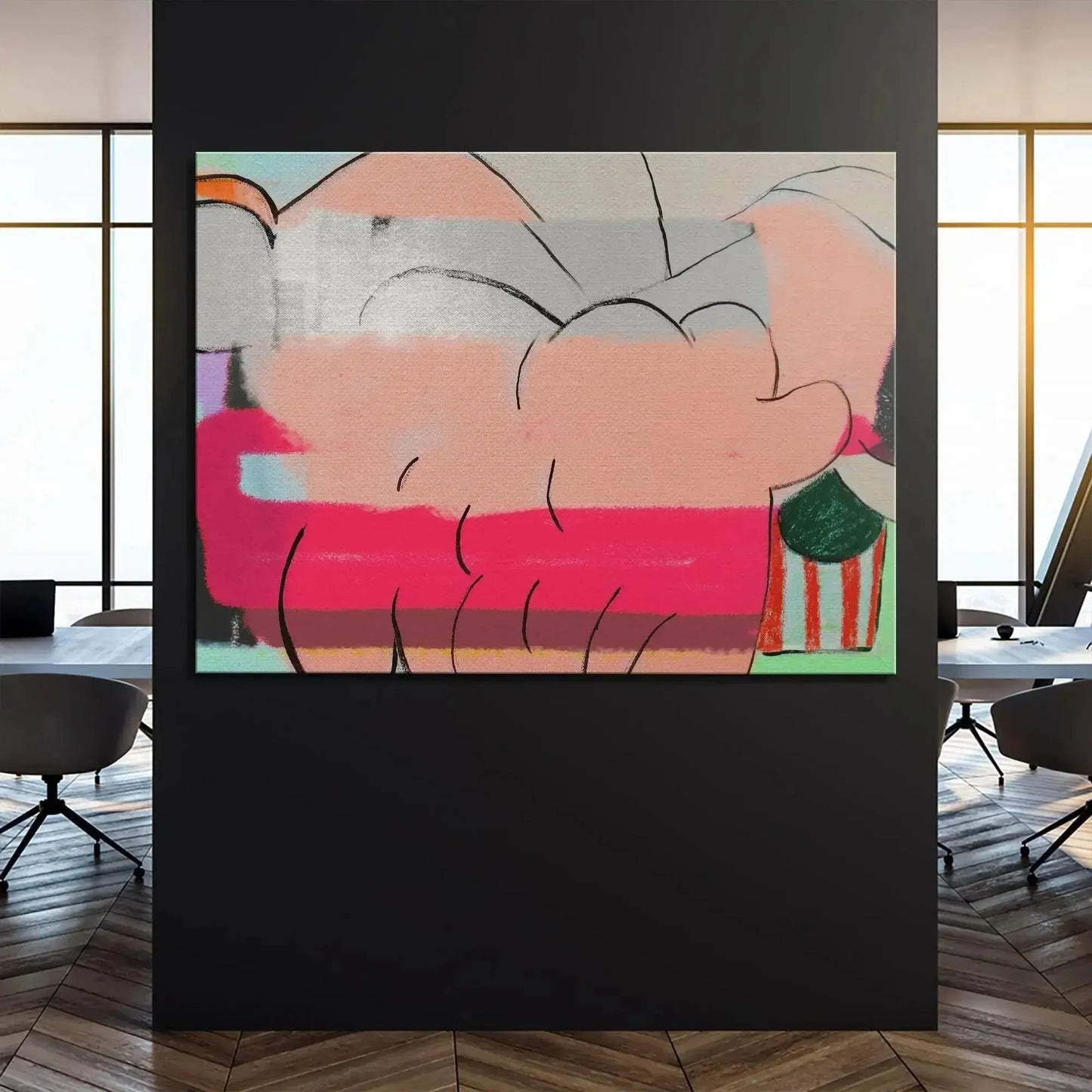 Room view of the abstract canvas 'A Fine Romance' hanging above a modern sofa.