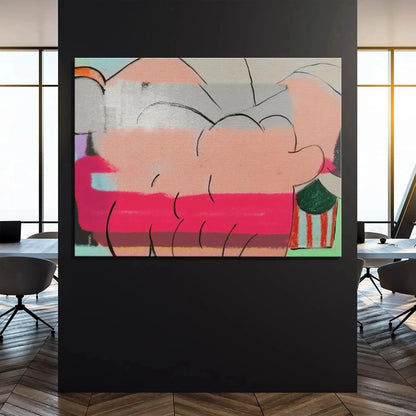 Room view of the abstract canvas 'A Fine Romance' hanging above a modern sofa.