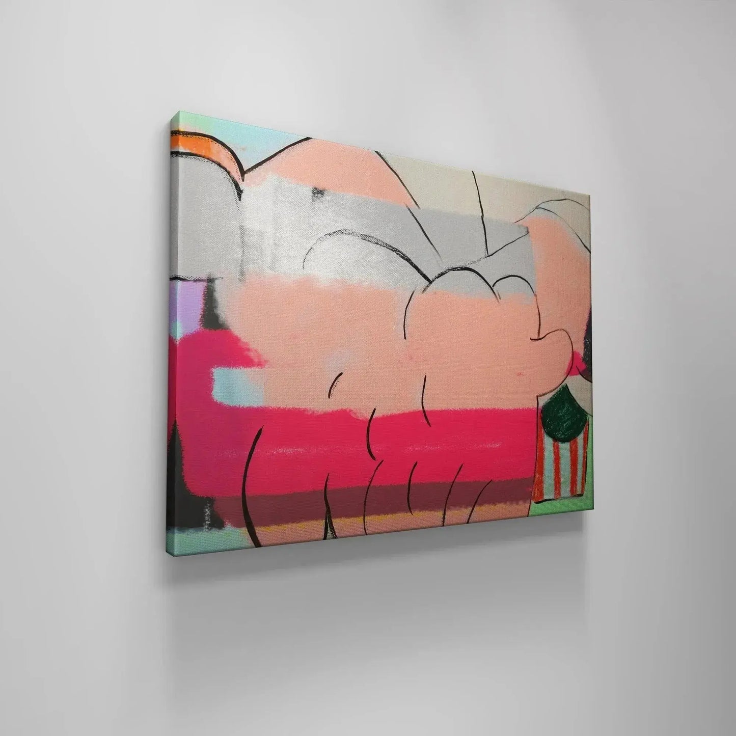 Corner detail highlighting the unexpected green and striped structure element of 'A Fine Romance'.