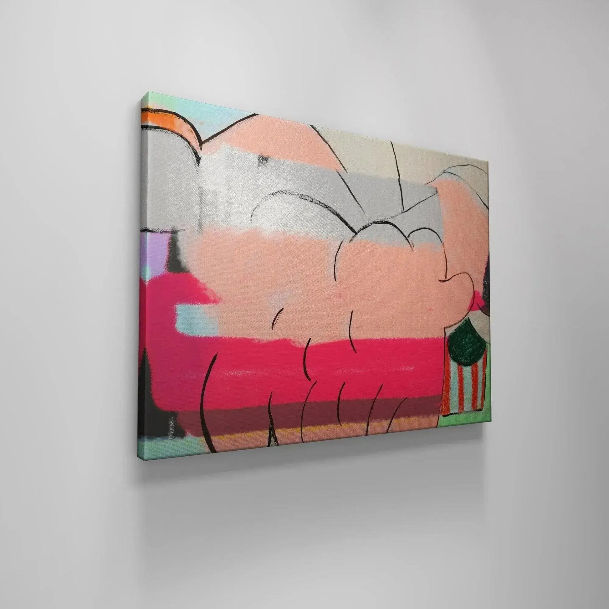 Corner detail highlighting the unexpected green and striped structure element of 'A Fine Romance'.