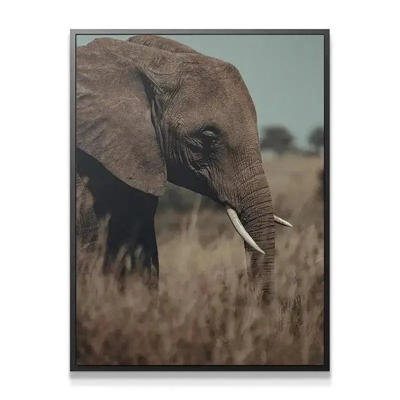 African savanna landscape featuring an elephant grazing, captured in the beautiful 'A Tall Moment' print.