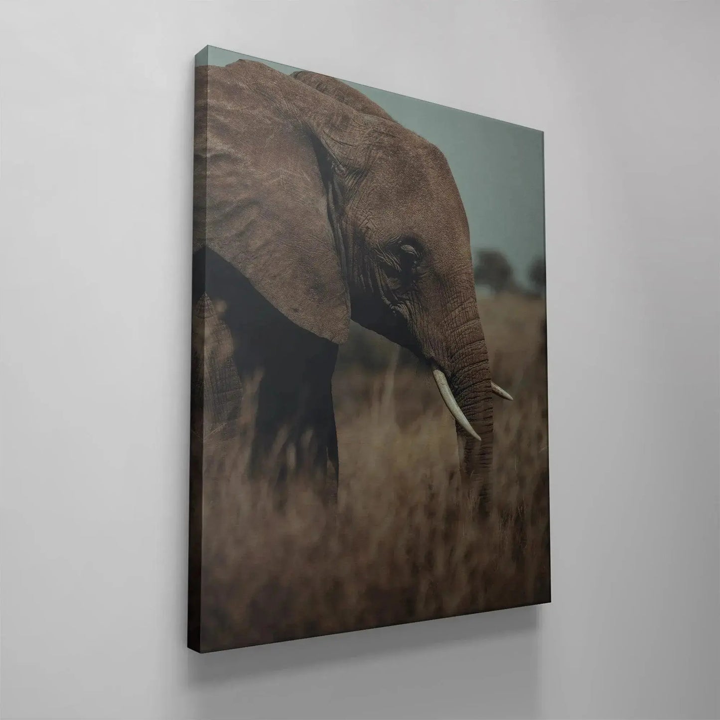 Close-up on the short white tusks and textured trunk in the powerful artwork called 'A Tall Moment'.