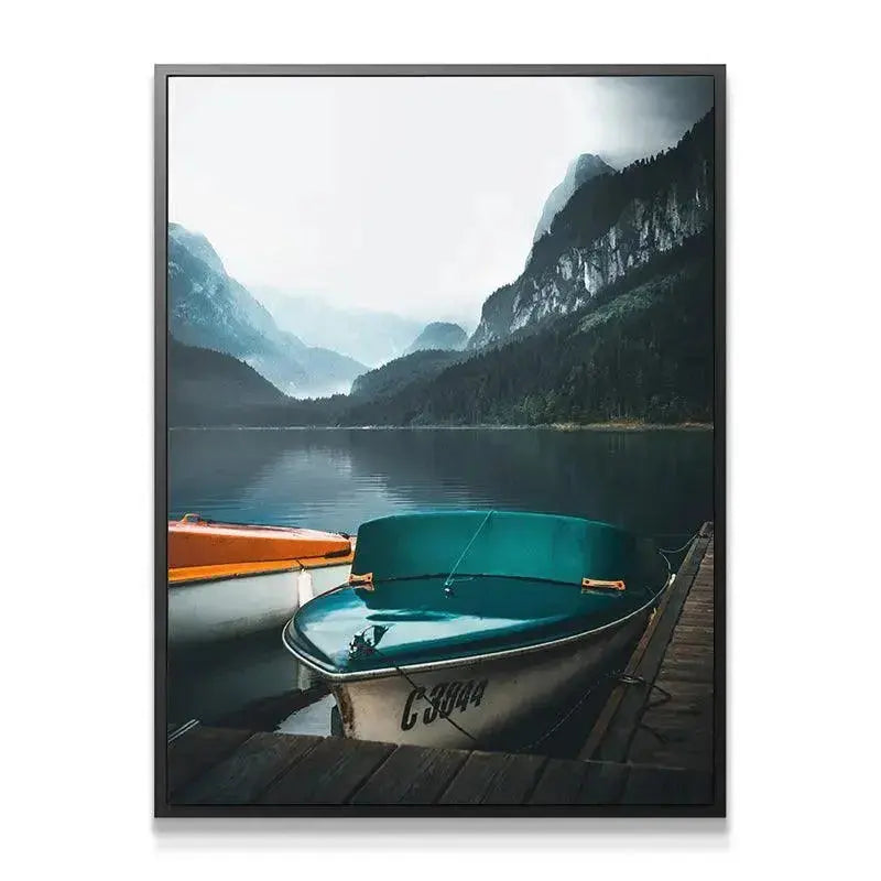 Wide vertical shot of the foggy mountain range towering over the water in 'A Way Out' wall art.