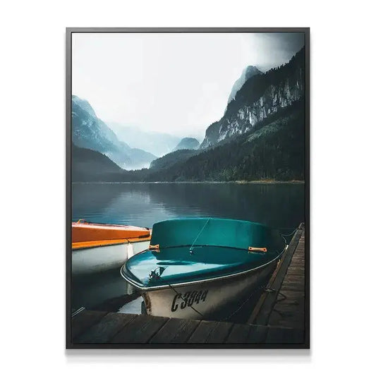 Wide vertical shot of the foggy mountain range towering over the water in 'A Way Out' wall art.