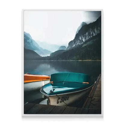 The orange and teal boat hulls reflecting in the dark, still lake water, representing 'A Way Out'.