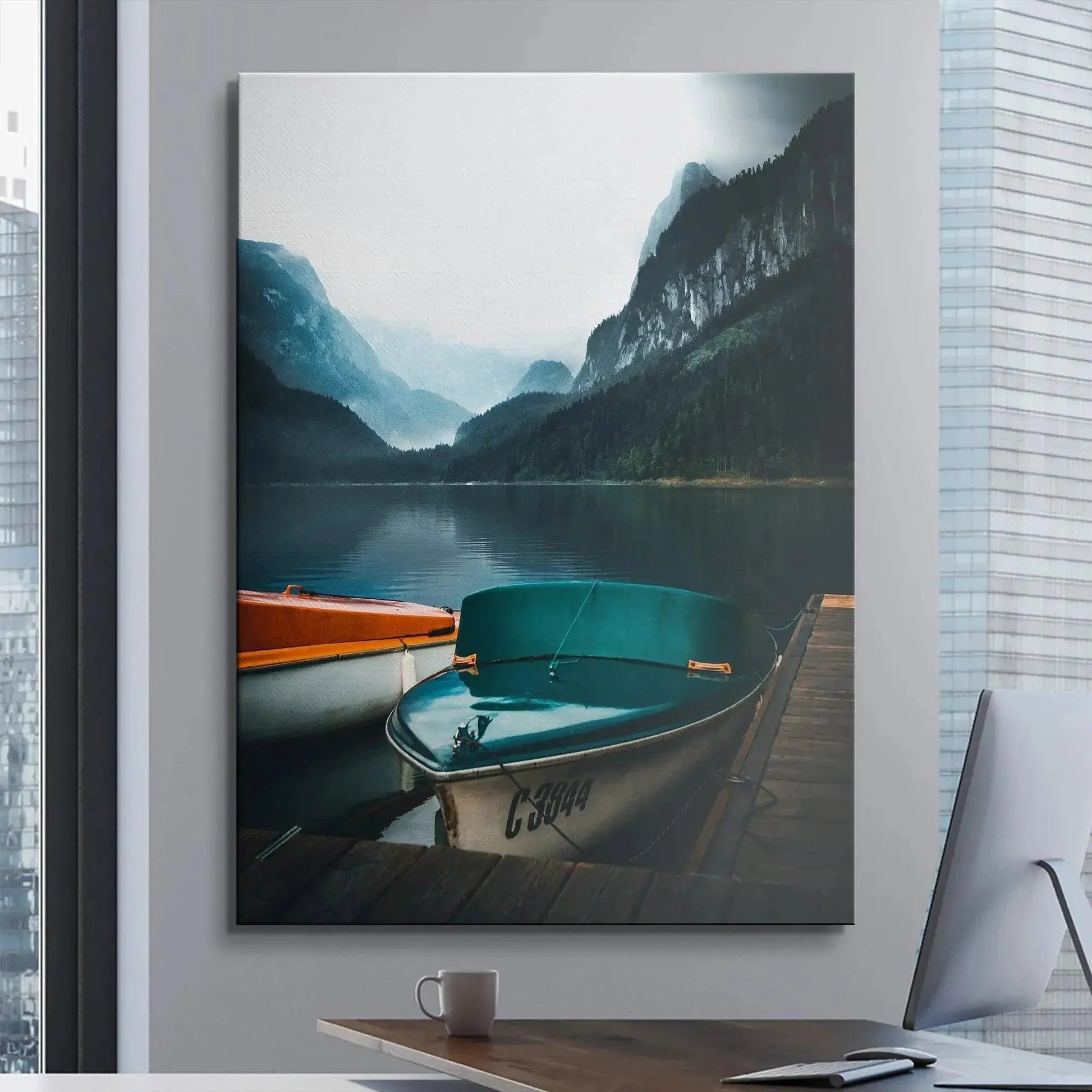 Foreground detail of the wooden planks of the pier leading toward the boats in the print 'A Way Out'.